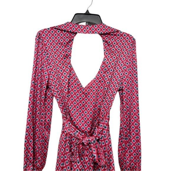 New Free People Long-Sleeve Wrap Dress Open Back & Tie Detail in Red Geometric S - Picture 9 of 11